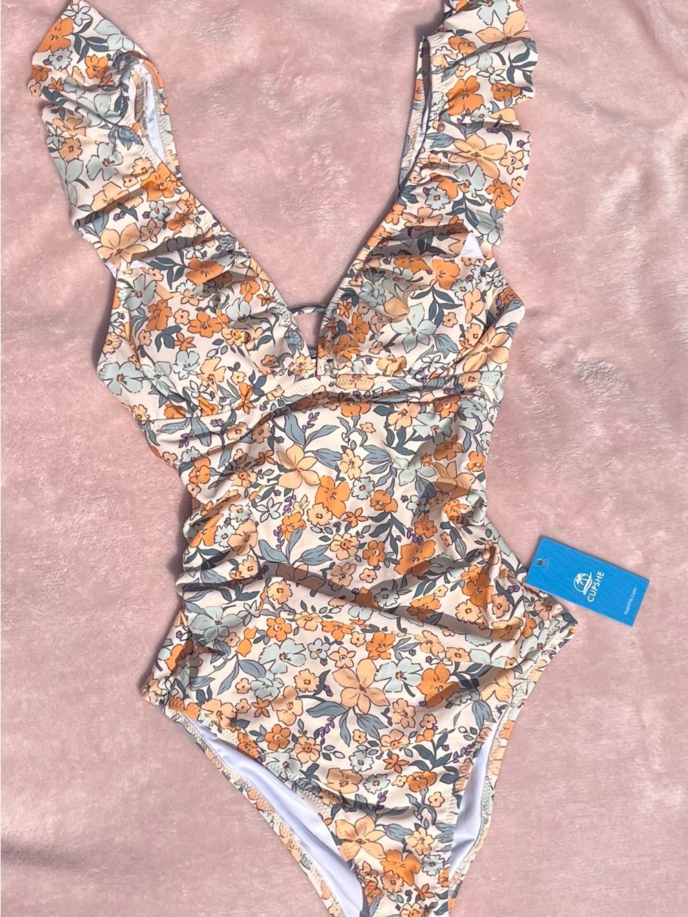 Cupshe Floral Ruffle One-Piece Swimsuit in Orange & Cream NWT size XS